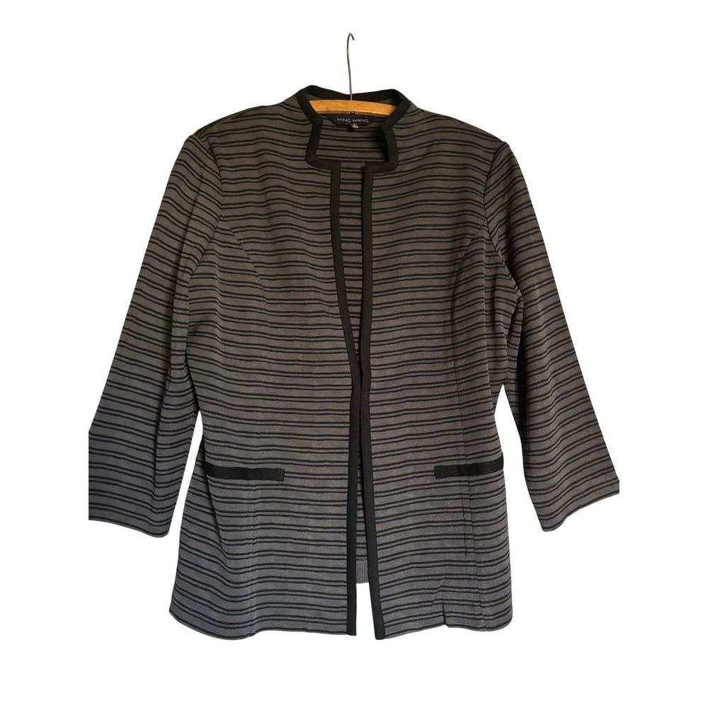 Ming‎ Wang Striped Open Front Blazer Jacket Womens Size L Gray Black 3/4 Sleeve